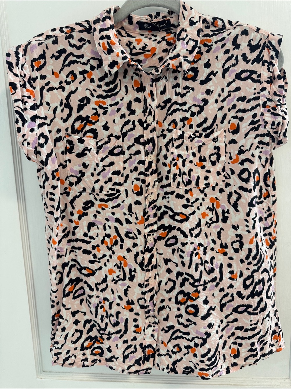 Velvet Heart Pink Animal-Print Cap Sleeve Blouse with Black & Orange Accents